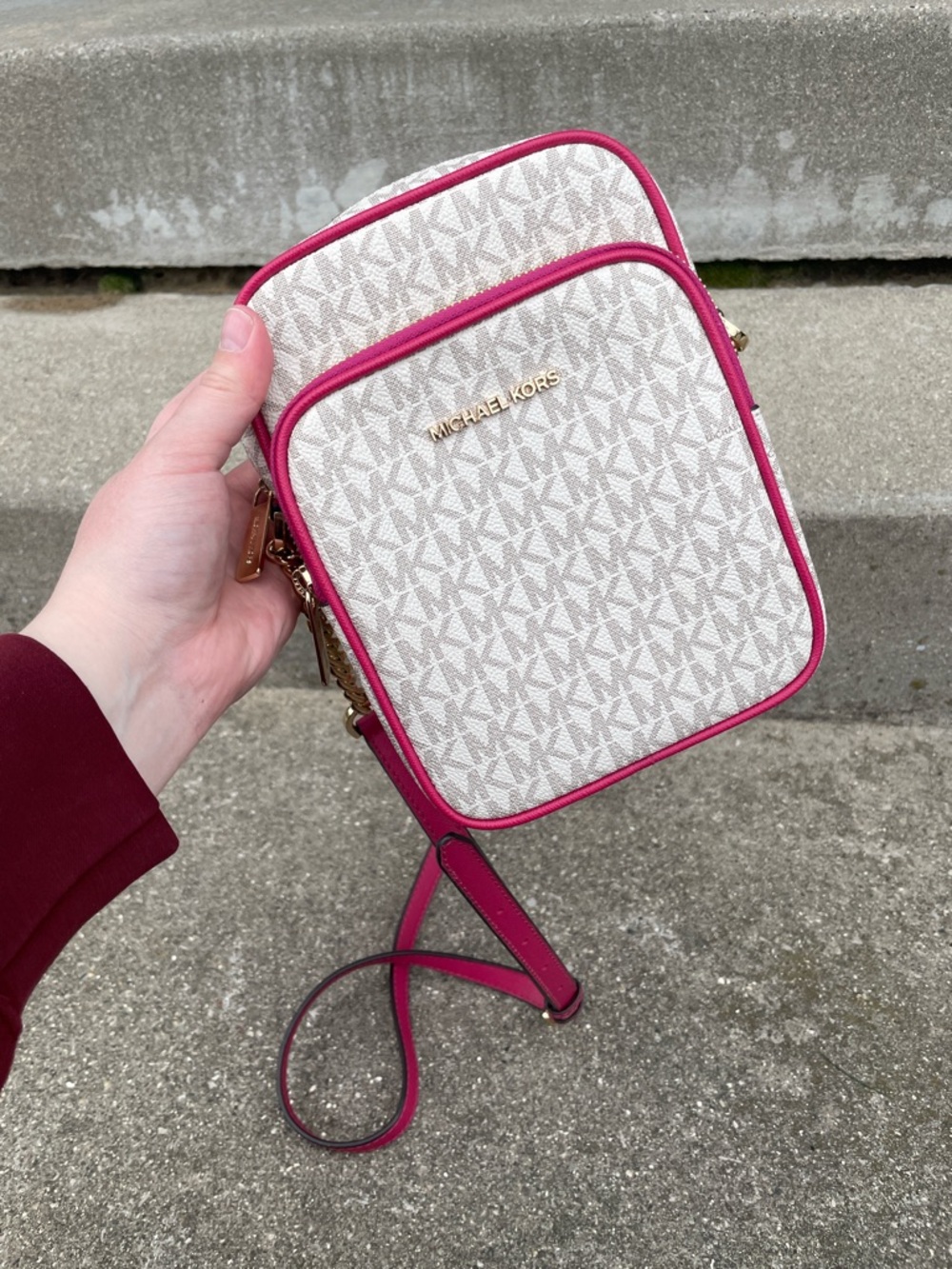Michael Kors White MK Monogram Crossbody with Pink Trim